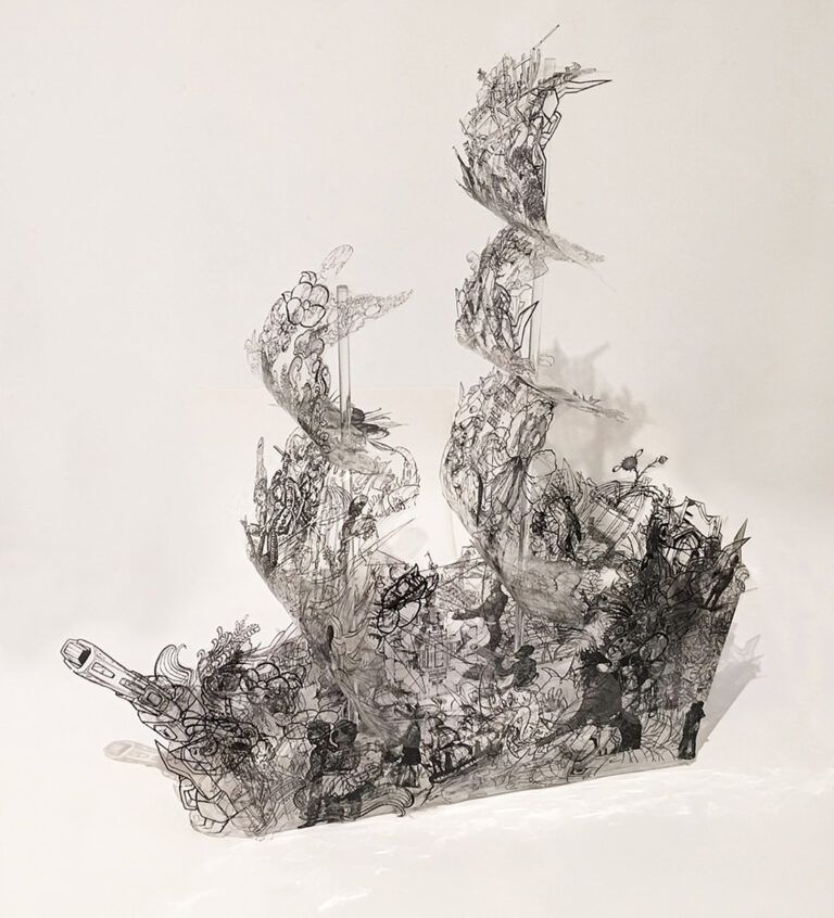 "A vessel emerges from clusters of black lines, its form evoking various associations: a merchant ship, a colonial vessel, a pirate ship, or a slave ship." - David Rios Ferreira