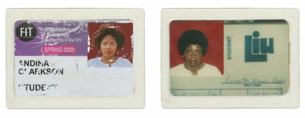 Two student ID cards, one from FIT 2020 (Andina) and a vintage one from LIU (her aunt).