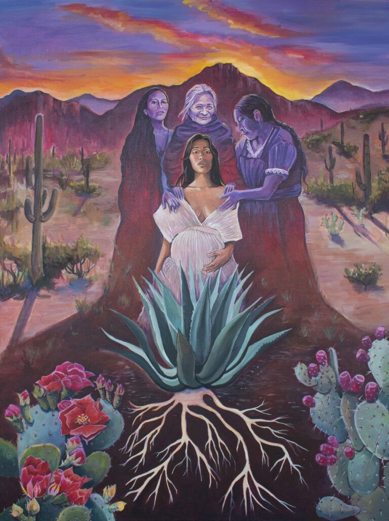 "A young woman, a soon-to-be-mother, is depicted in the center surrounded by three women - ancestors protecting and guiding her." - Cha Gutiérrez