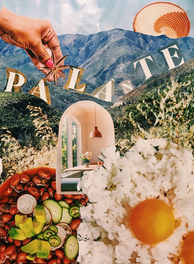 Paper collage of rolling hills, fresh fruit, egg on rice, a dining room, and sand art. "PA*LANTE"