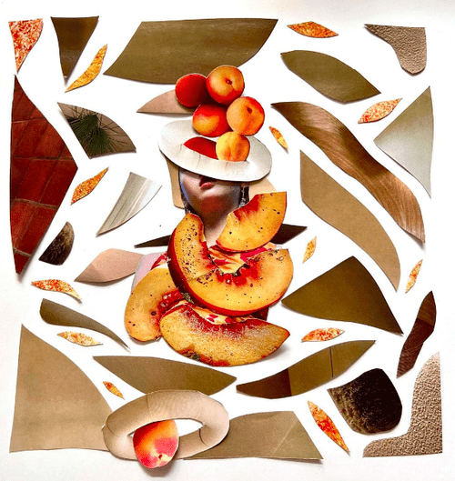 Paper collage of stone fruit, possibly peach, slices and wholes. There is a face obscured by the fruit in the background.