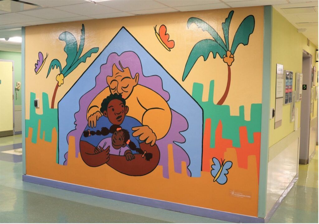 "An elder holds an adult who also holds onto a child, together they are enshrouded in the elder’s purple hair, protected and cared for by her soft body." - Victoria Ramirez Rahbar