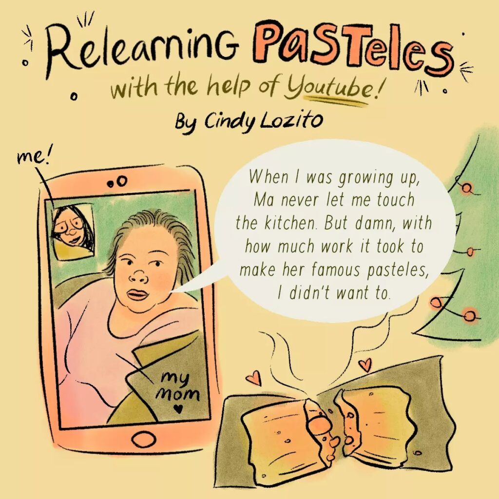 Illustration from "relearning Pasteles..." by Cindy Lozito that shows her mom on the phone talking about how much work it took her her own mother to cook pasteles.