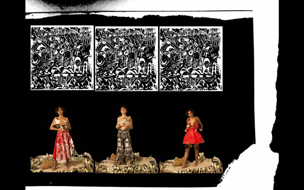 Fashion and illustration in one image, three garments and three prints.