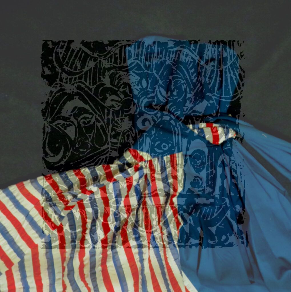 A digital image of a pressed dress blue, red, and white dress with black lace overlaid.