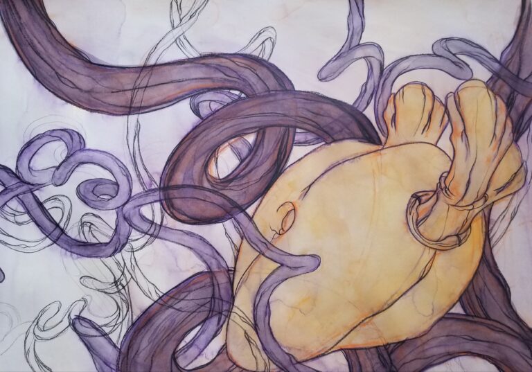 Large purple tubes surround a yellow heart-like organ.