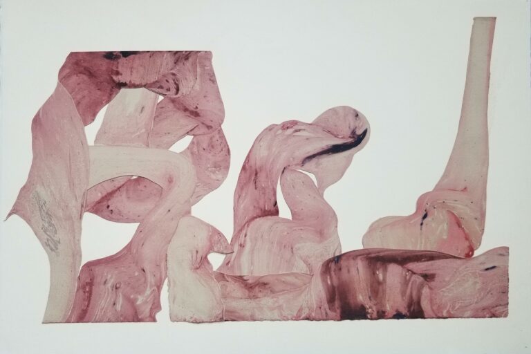 Pink painted paper collaged in organic strip shapes.