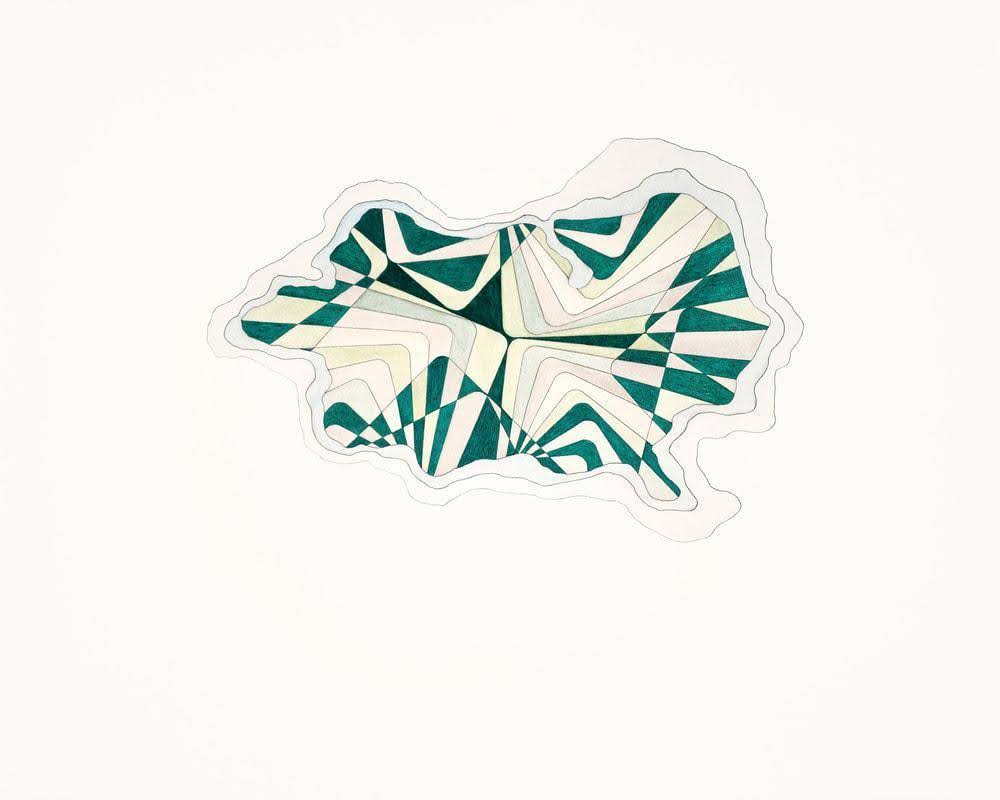 Drawing in the shape of an abstracted land mass. There are green shapes cutting into lines of pink, blue, and yellow.