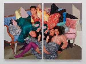 A group of people dressed extravagantly, lounging on a fancy couch. They wear florals, jewel tones, and ruffles. The colors are bold. The image is comprised of two canvases.
