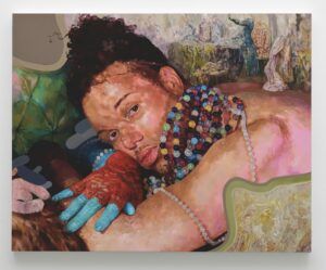 Paintng of a person wearing beaded necklaces and lace gloves. They ae lounging on a green chair.