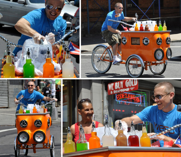 Traditional pushcart for selling shaved ice (piraguas) hyper-modified tricycle-pushcart with a hi-fi sound and video system.