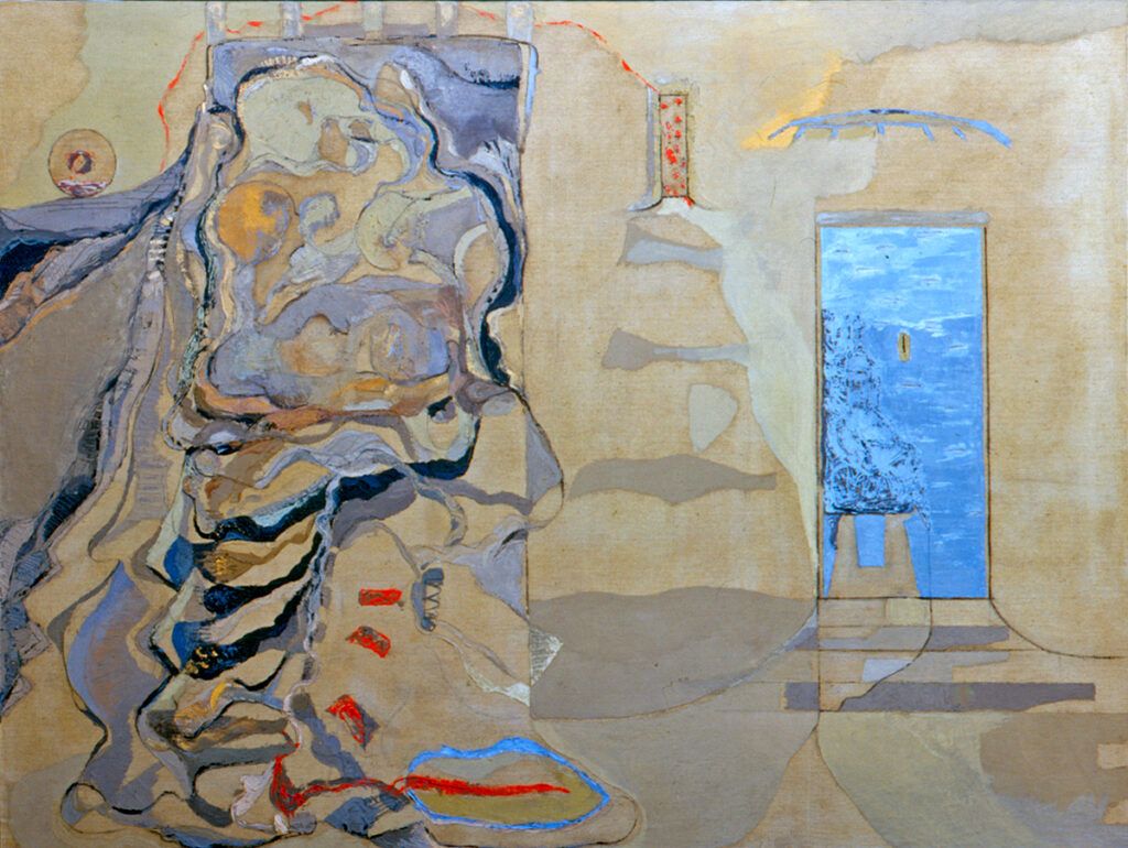 Abstractions of a doorway on canvas. There are colors mixed into amorphous shapes.
