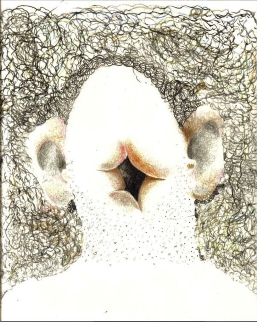 A drawing of the silhouette of a face with two large ears and one large hole in the middle of the white empty space.