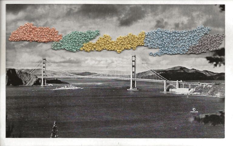 Colorfully hand embroidered antique black and white postcard.