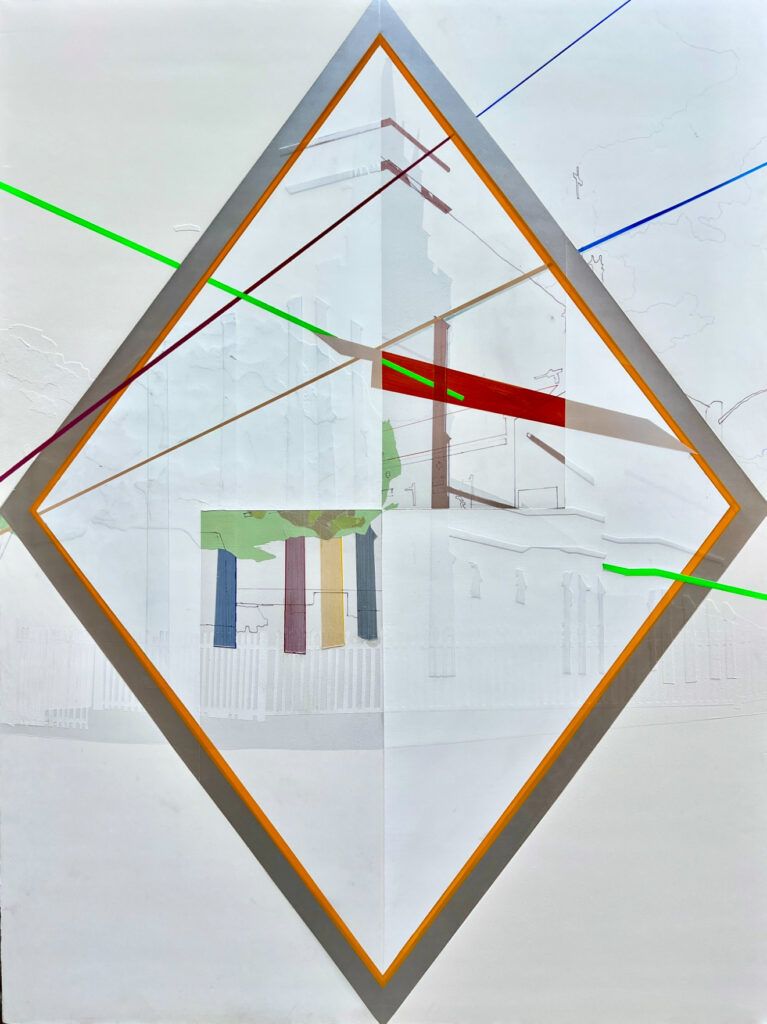 Image of a silver diamond shape on a white background with intersecting multicolored lines