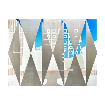 Image of geometric art work with alternating grey and blue sideways triangles.