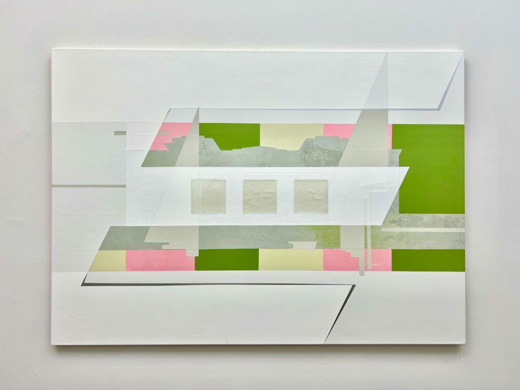 Image of a white canvas with alternating pink, creme, and green rectangles going horizontally through the middle.