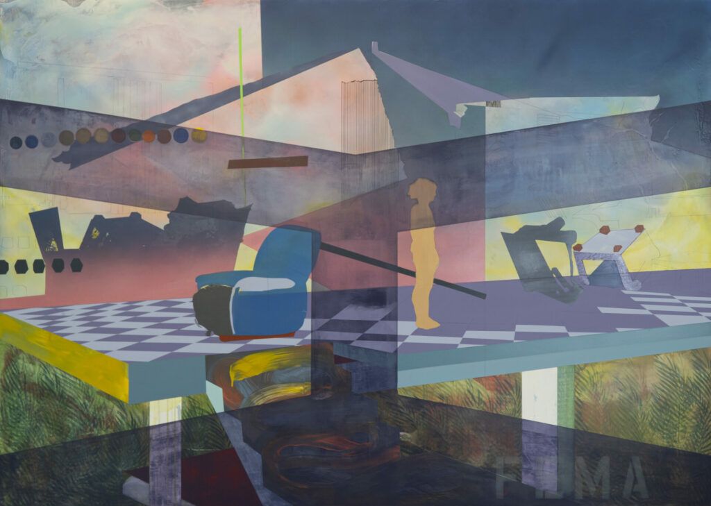 Image of a platform with silhouettes of a person facing to the right and an armchair facing left. Intersecting thick translucent purple lines cross from the edges of the painting.