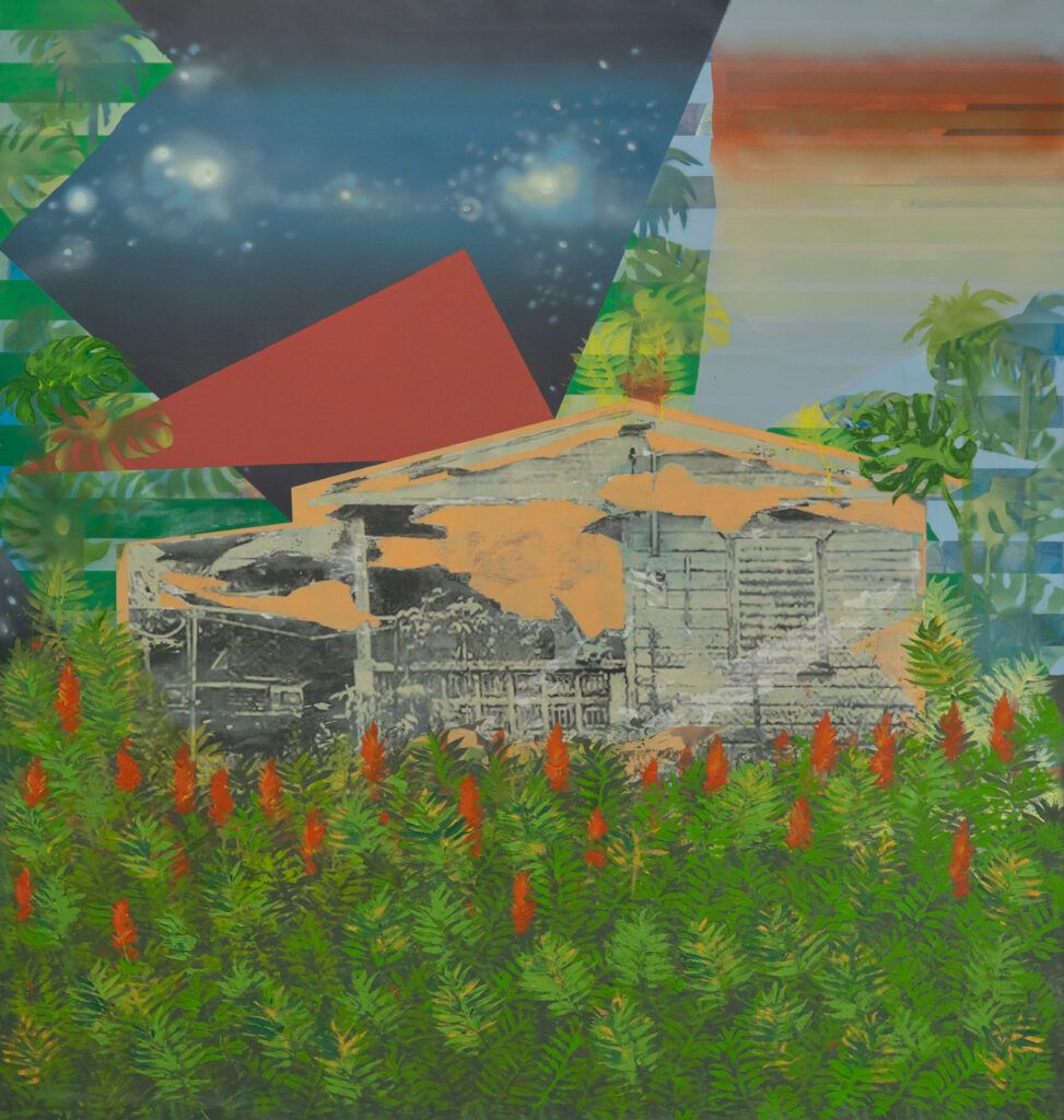 Image of a grey house centered in the frame, with a lush green field filling up the lower third of the canvas. A deep red triangle juts out of the roof of the house and different colored geometric shapes make up the sky.