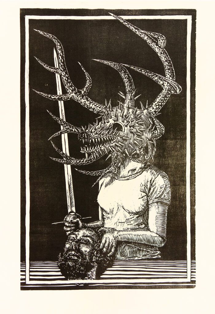 Vejigante woman holding a sword.