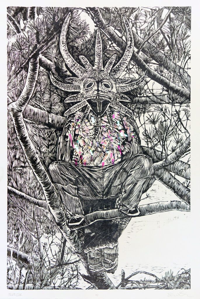 Vejigante sitting in a tree. The chest of the figure is filled with colorful shapes.