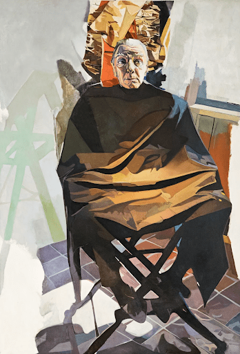Painting of a man in a chair with a cloth draped over his torso and legs.