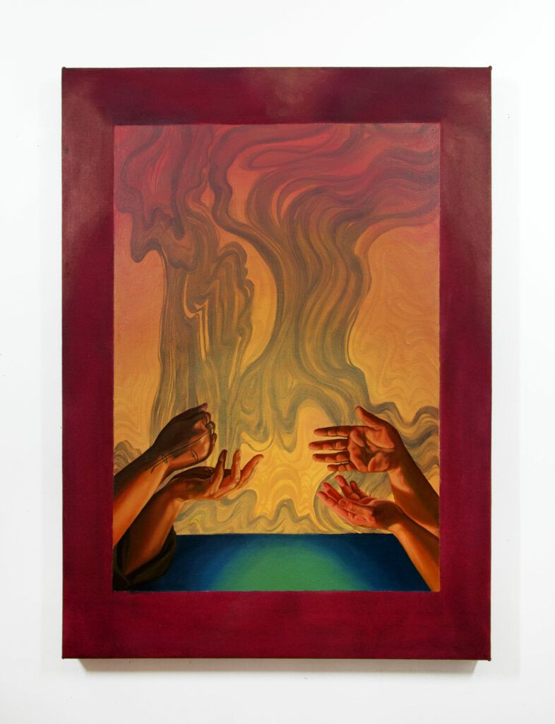 Hands playing rock, paper, scissors with smoke billowing from the back with an orange glow.