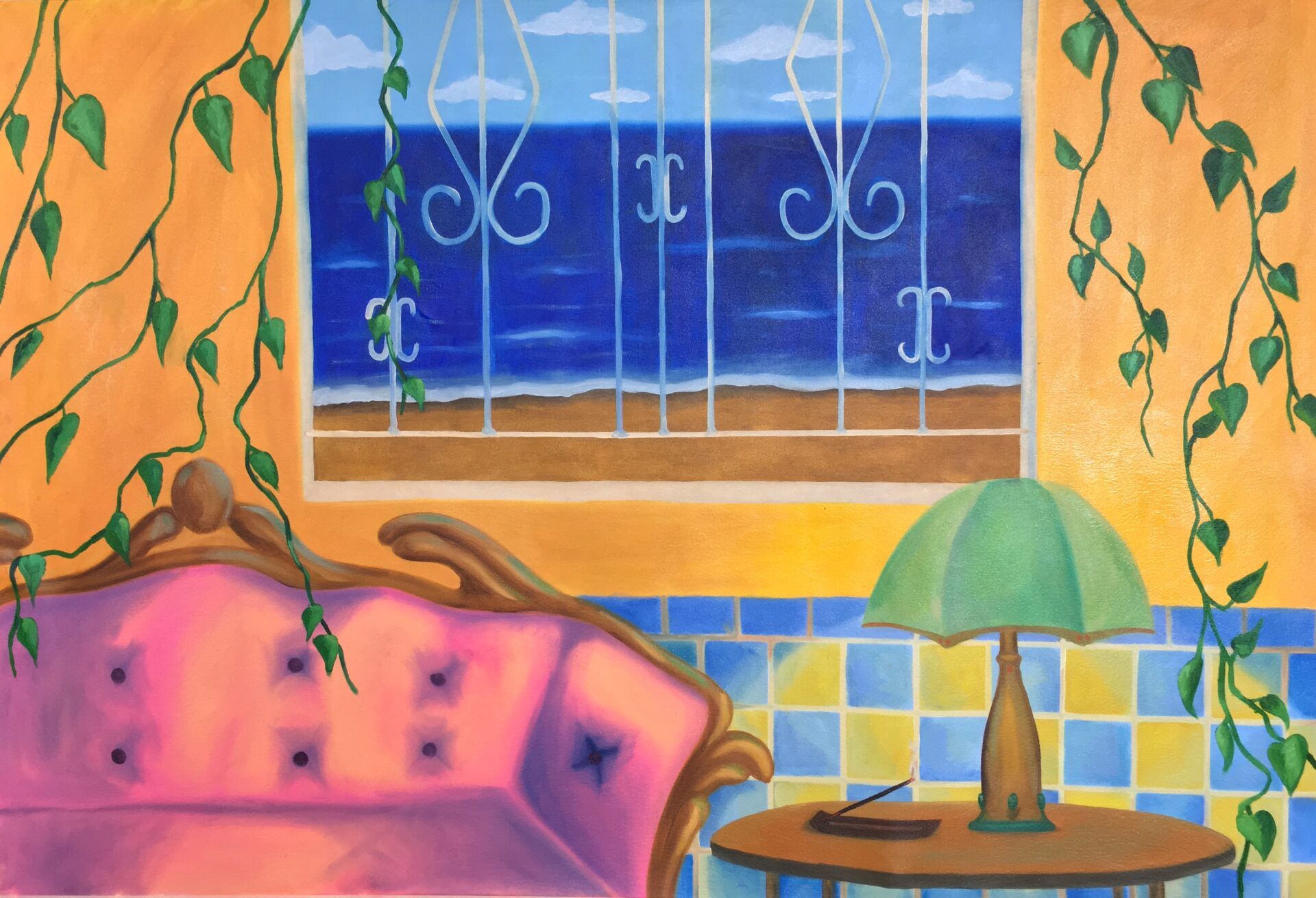 A living room with a couch and a lamp on a table. There are plants growing up the wall.