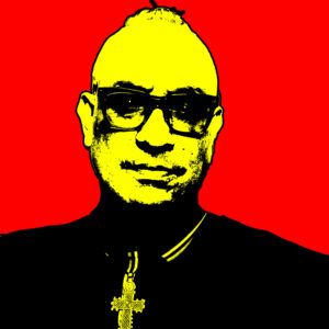 A digitally distorted image of vagabond. His skin is bright yellow and the background is bright red.