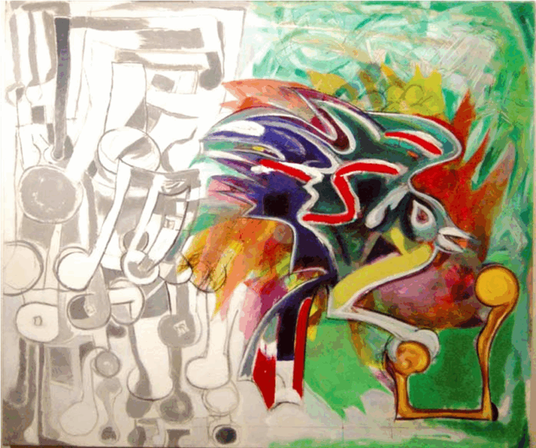 Abstracted music notes surrounding a colorful bird.