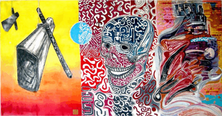 Musical instruments, a skull, and abstract shapes.