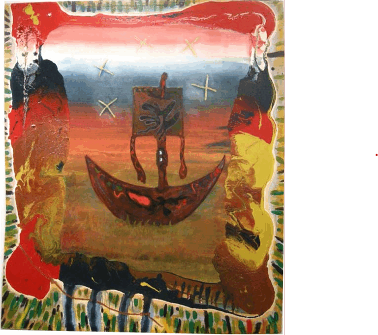 A boat-like form in a horizon of green and orange.