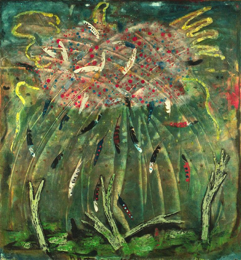 Oil painting of feathers falling to the ground. Mainly greens with red highlights.