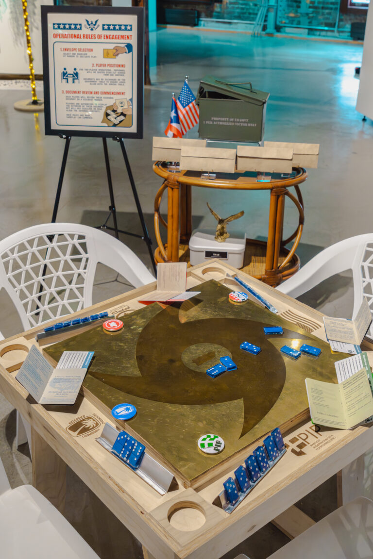 Colorful dominoes table that represents political parties and tropical storms.