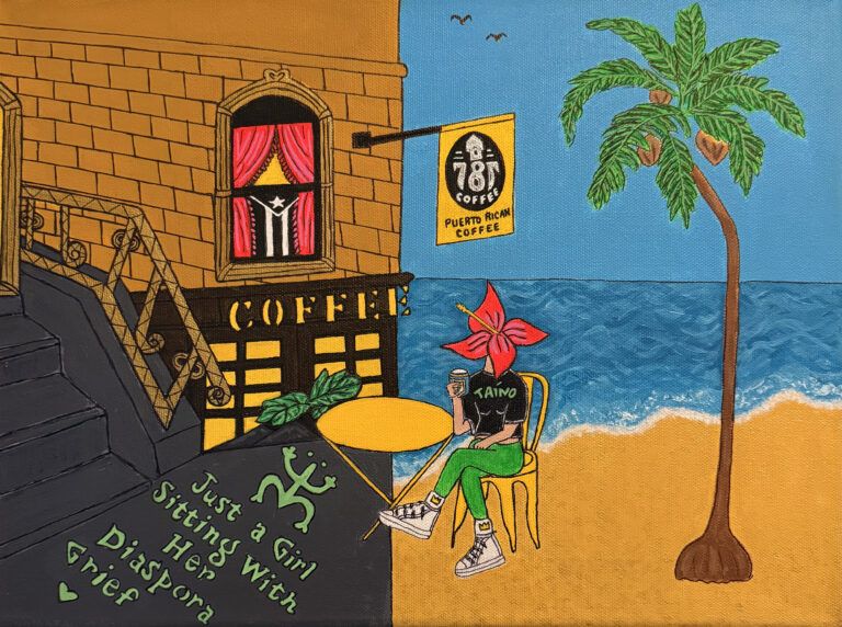A scene split in two (beach and city) with a figure in the middle. She wears a "Taino" t-shirt, sipping 787 coffee. The sidewalk reads "Just a girl sitting with her Diaspora grief."