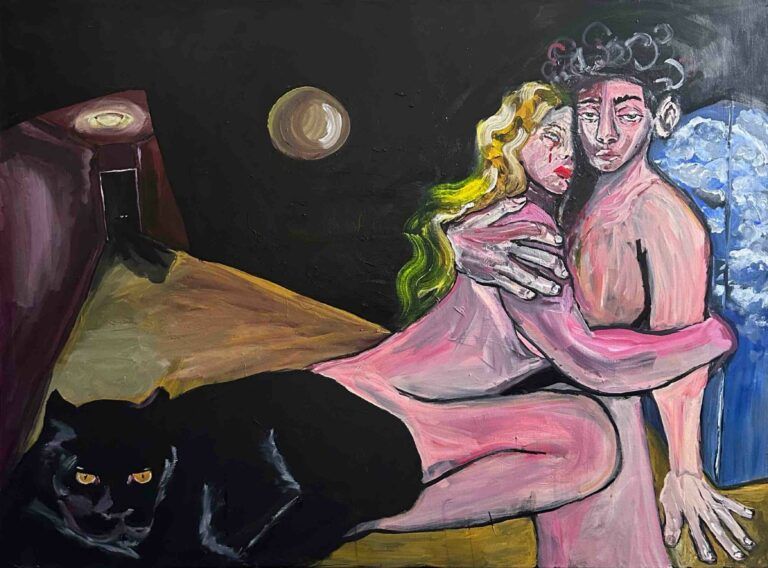 A man and a woman nude on a bed embracing each other. She cries dark tears. There is a large cat on the bed.