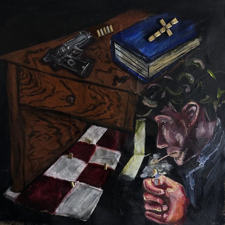 A man smoking while looking as a gun with nearby bullets on a nightstand. Some bullets form a cross on a book.