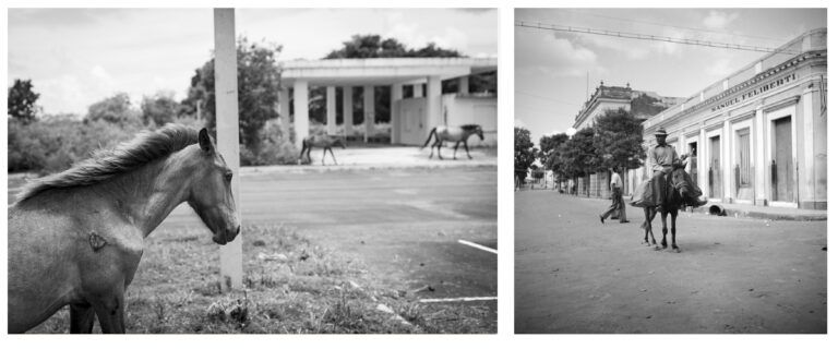 Horses and a horse rider travel on old dirt roads.