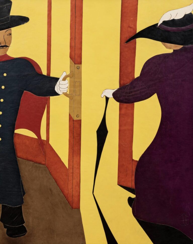 Cut-and-inlaid leather "painting" depicting a dapper doorman opening the door for a stately woman holding an umbrella at Lüchow’s, a famous German restaurant.