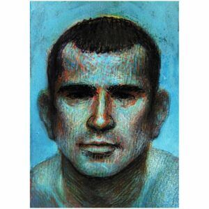 Stylized blue-colored portrait of the artist.