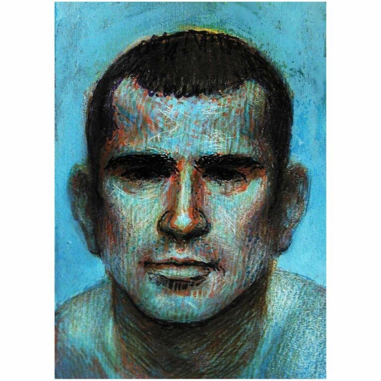 Stylized blue-colored portrait of the artist.