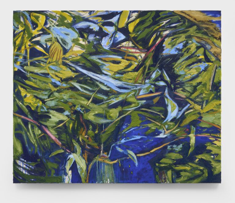Mainly cool colored painting of natural shapes.