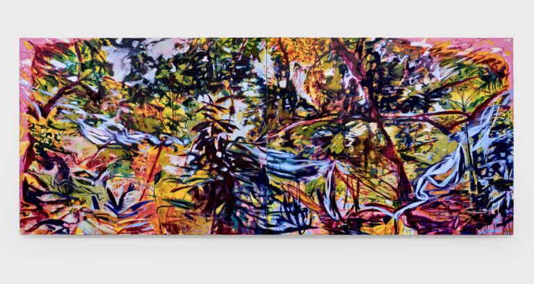 Abstract painting with bright neon colors. The shapes look like dense foliage.