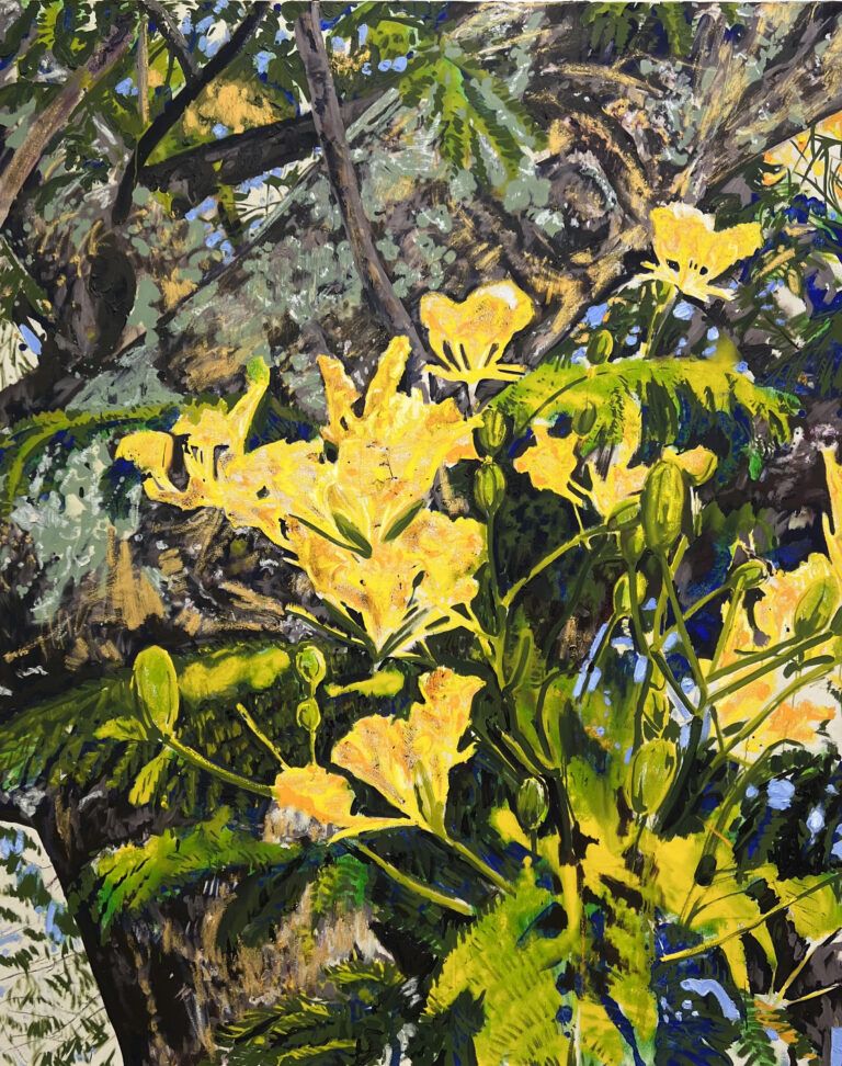 Painting of yellow flowers in green foliage.