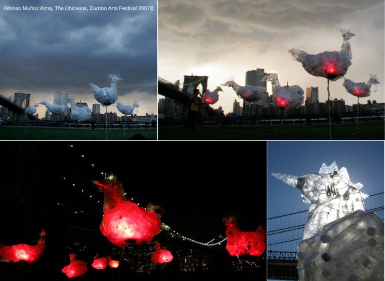 Sculptural forms of chickens made from empty plastic bottles, some illuminate red at night.