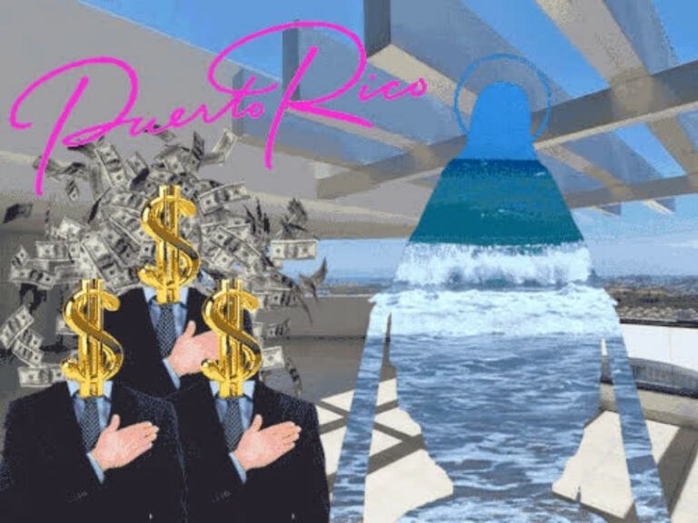 GIF of three men standing on a balcony. Their head are made of animated dollar signs and dollars falling. Next to the men is a silhouette of a statue of Mary filled in with video of ocean waves. The GIF reads "Puerto Rico" in pink script.