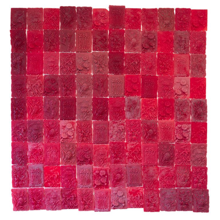 Sculpture. Votive wax tiles cast from a selection of decorative plaster reliefs my mother sourced from discount stores when I was a child. These objects transformed our Bronx apartment into a space of beauty, care, and imagination and have become bookmarks in my memory.