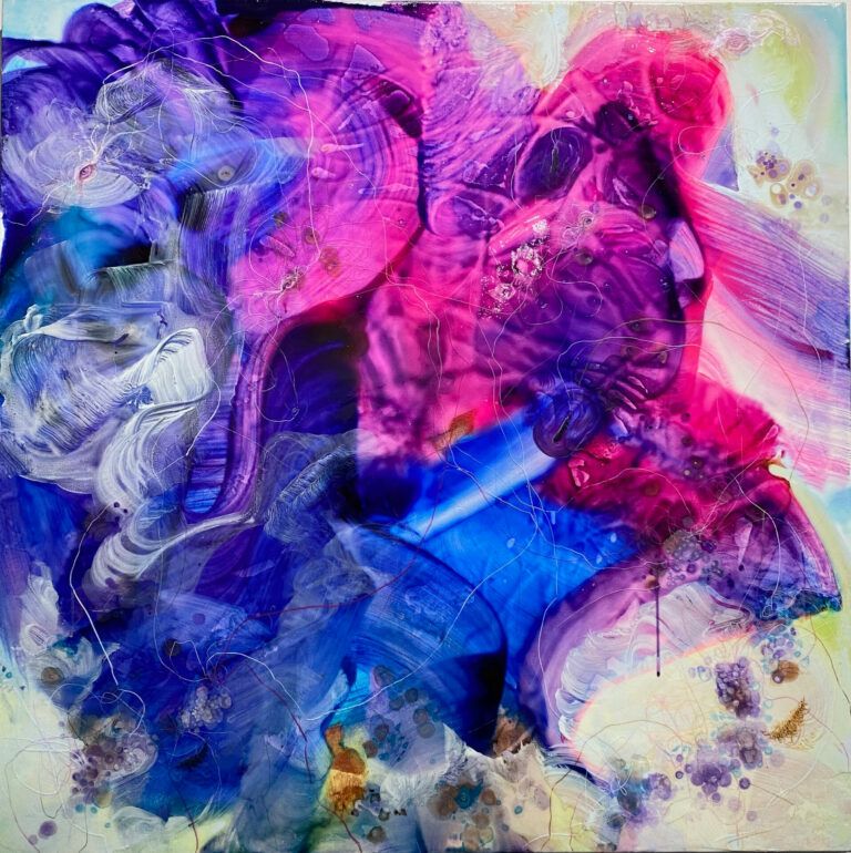 Painting made with watercolor and layered acrylic and ink with copper wire sewn through the canvas, where cells, ovaries, and the female figure surface from color.