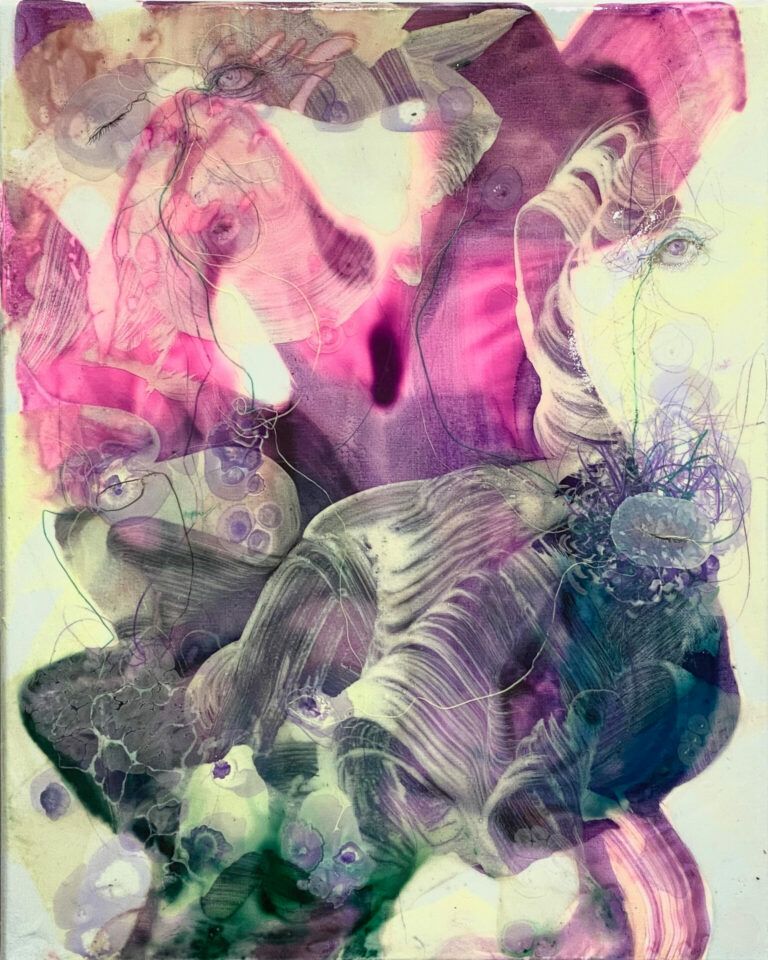 Small scale painting made with watercolor and layered acrylic and ink with copper wire sewn through the canvas, where cells, ovaries, and the female figure surface from color.