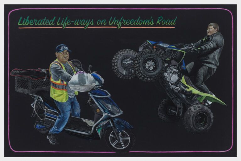 Two migrant workers on vehicles they use for their jobs.
